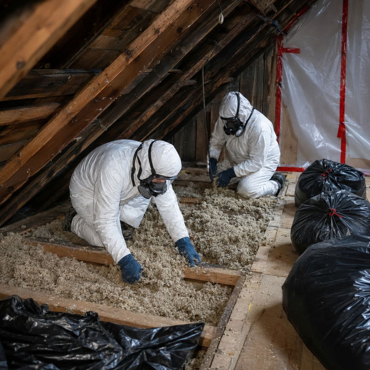 Certified asbestos abatement team removing popcorn ceiling inside containment zone