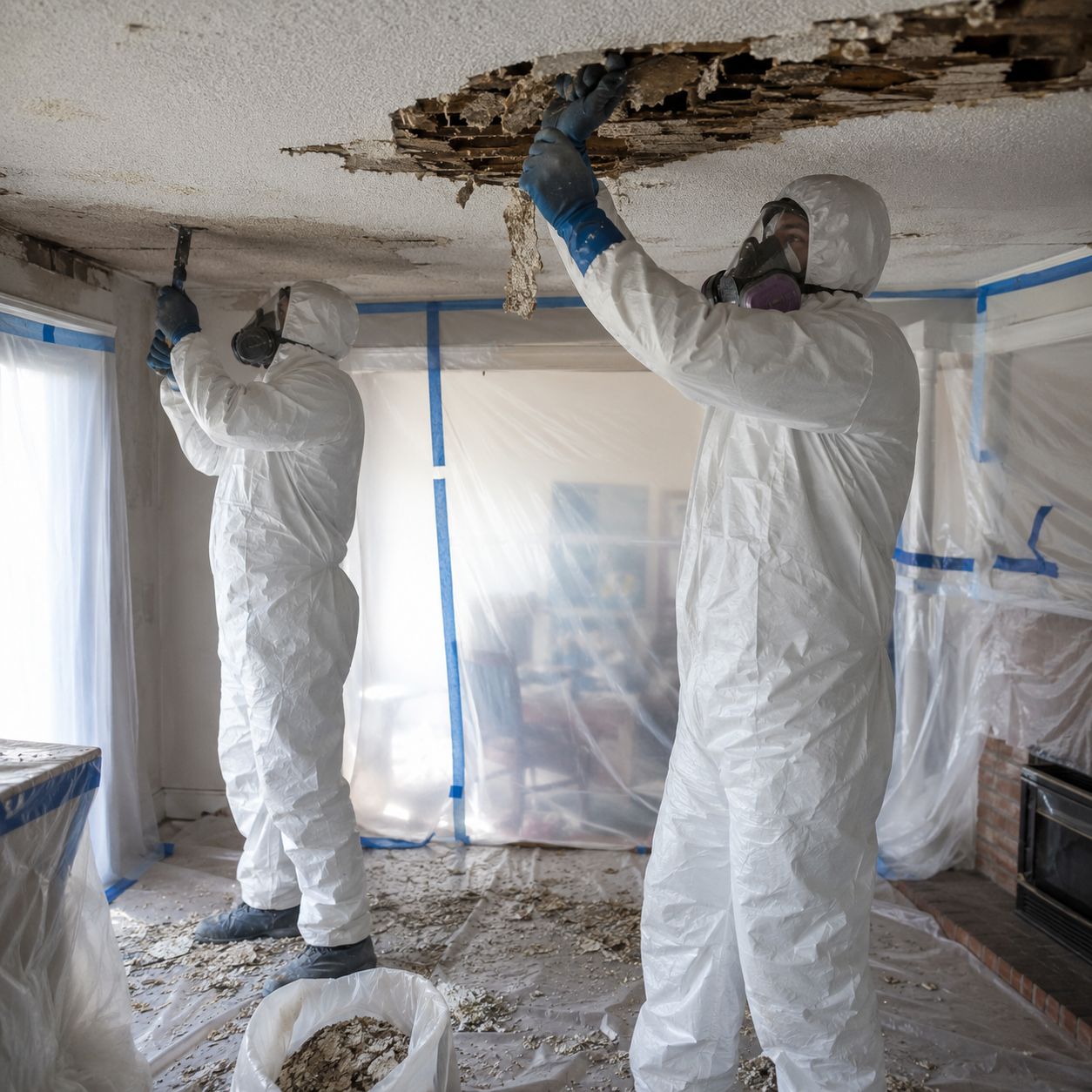 Licensed technicians removing asbestos pipe insulation from basement