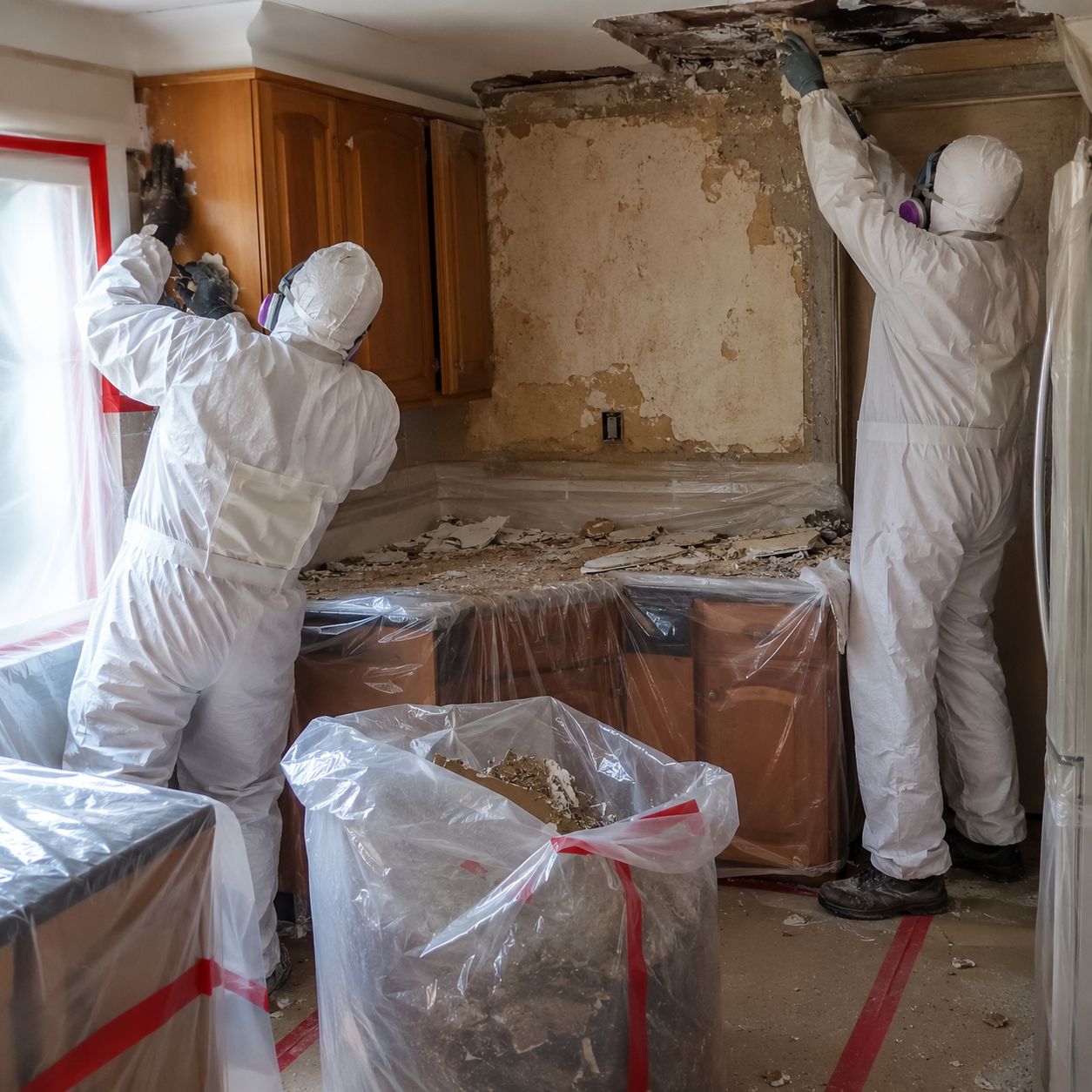 EPA certified specialists performing asbestos removal in kitchen remodel